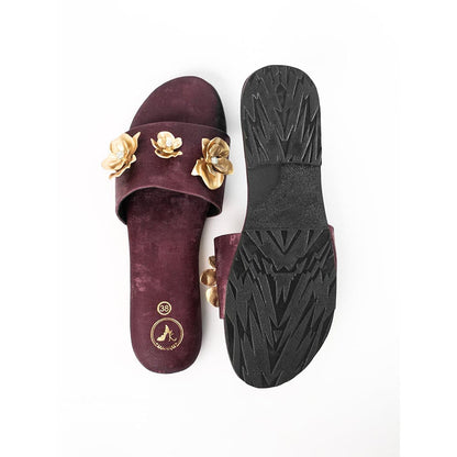 Sana K Luxurious Footwear Maroon Open Toe Slip-On Closure Forever Rose Flats