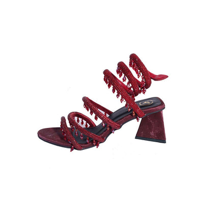 Sana K Luxurious Footwear Red Jhallar Open Toe Slip On Closure Heels