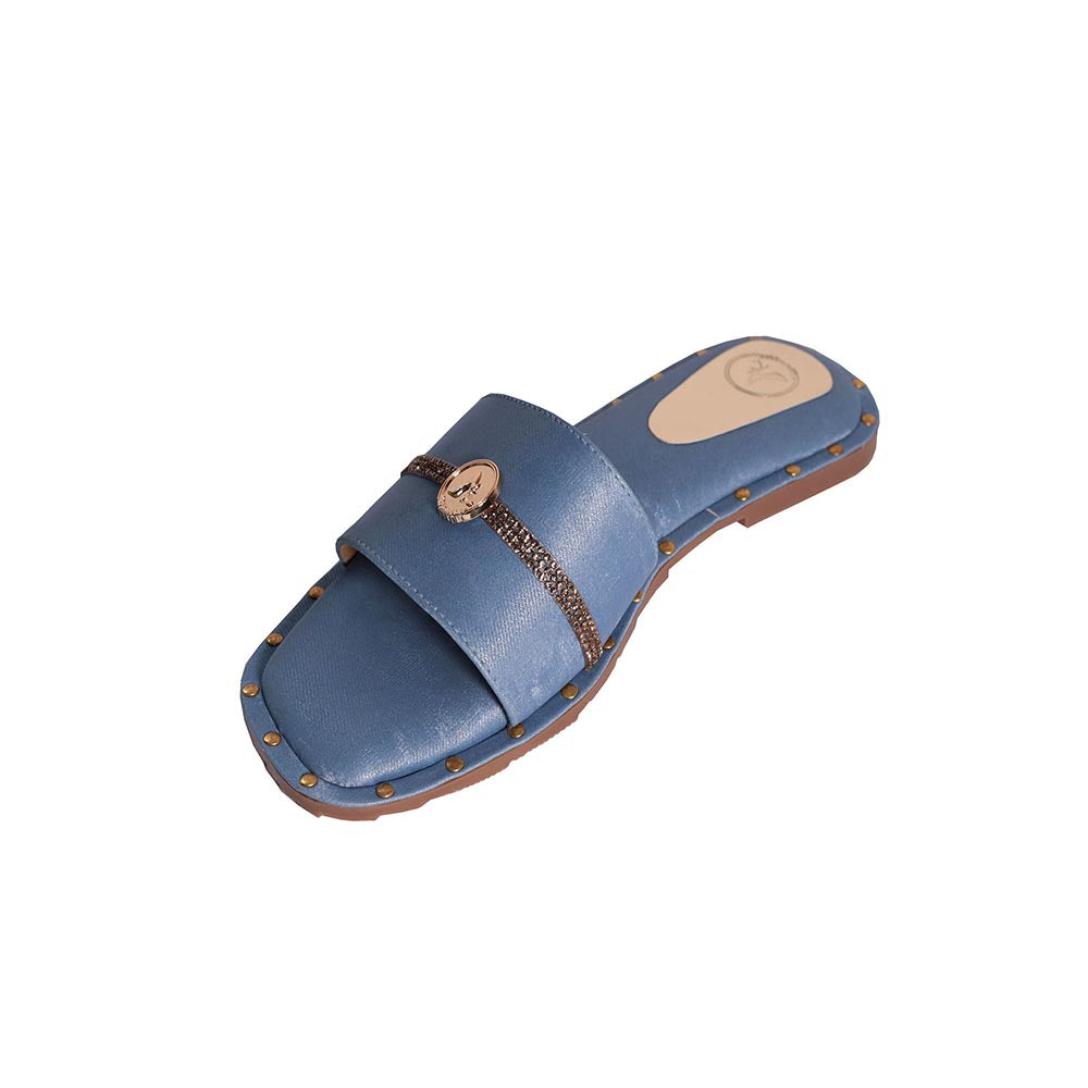 Sana K Luxurious Footwear Blue Open Toe Slip-On Flats