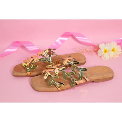 Sana K Luxurious Footwear Gold Faux Leather Open Toe Gold Leafy Flats