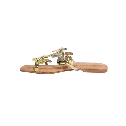 Sana K Luxurious Footwear Gold Faux Leather Open Toe Gold Leafy Flats