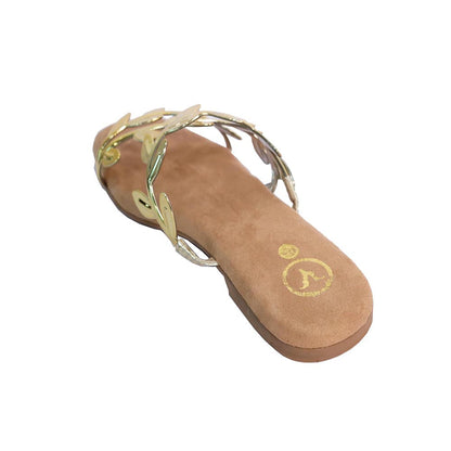 Sana K Luxurious Footwear Gold Faux Leather Open Toe Gold Leafy Flats