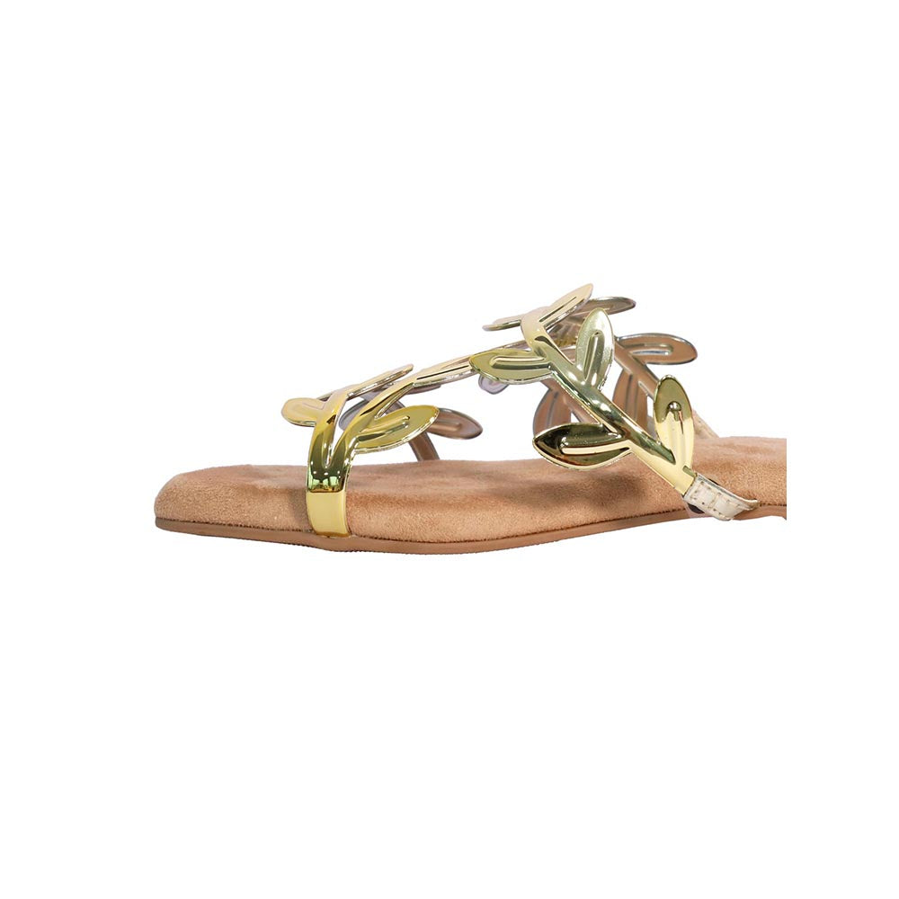Sana K Luxurious Footwear Gold Faux Leather Open Toe Gold Leafy Flats