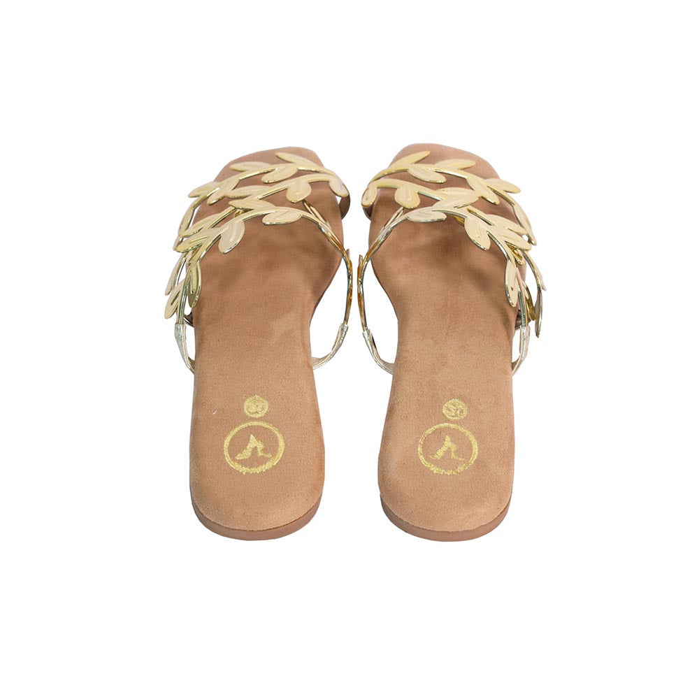 Sana K Luxurious Footwear Gold Faux Leather Open Toe Gold Leafy Flats