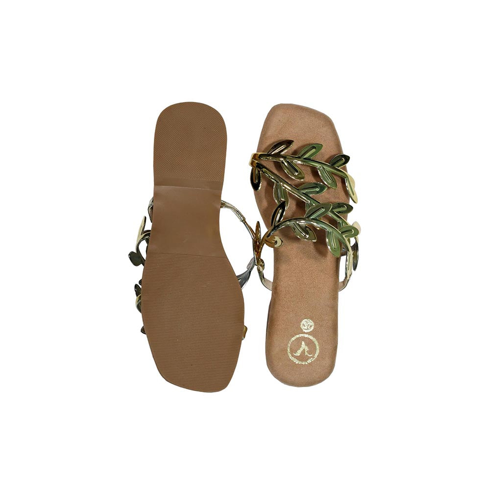 Sana K Luxurious Footwear Gold Faux Leather Open Toe Gold Leafy Flats