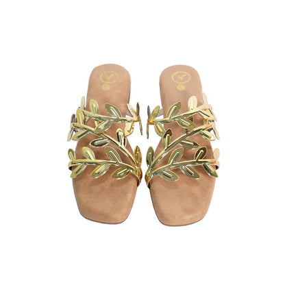 Sana K Luxurious Footwear Gold Faux Leather Open Toe Gold Leafy Flats