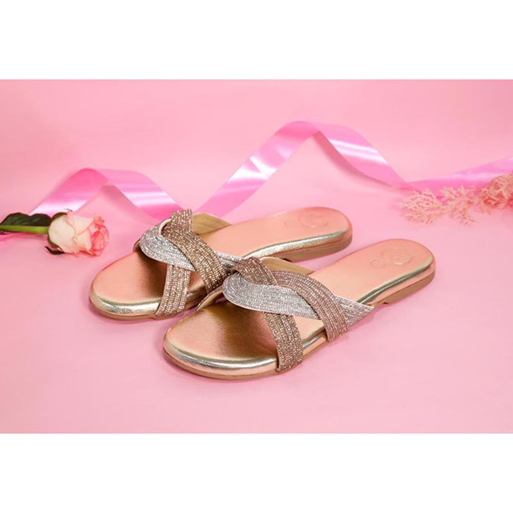 Sana K Luxurious Footwear Gold Open Toe Slip On Closure Trio Flats