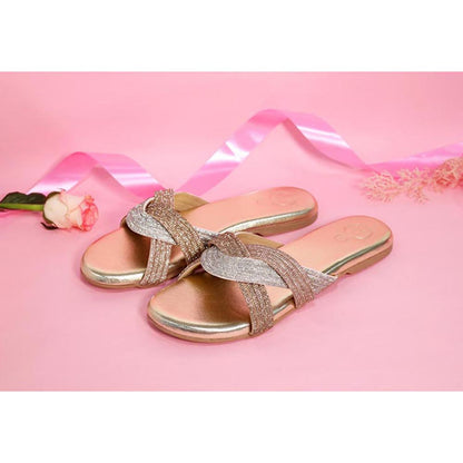 Sana K Luxurious Footwear Gold Open Toe Slip On Closure Trio Flats