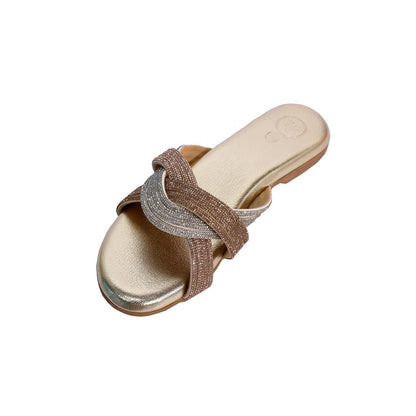 Sana K Luxurious Footwear Gold Open Toe Slip On Closure Trio Flats