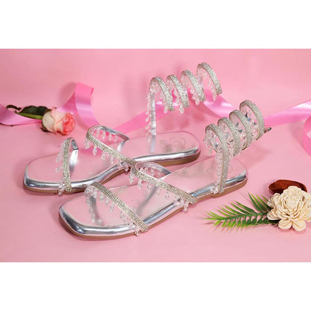 Sana K Luxurious Footwear Silver Gladiators Lace-Ups Spring Flats