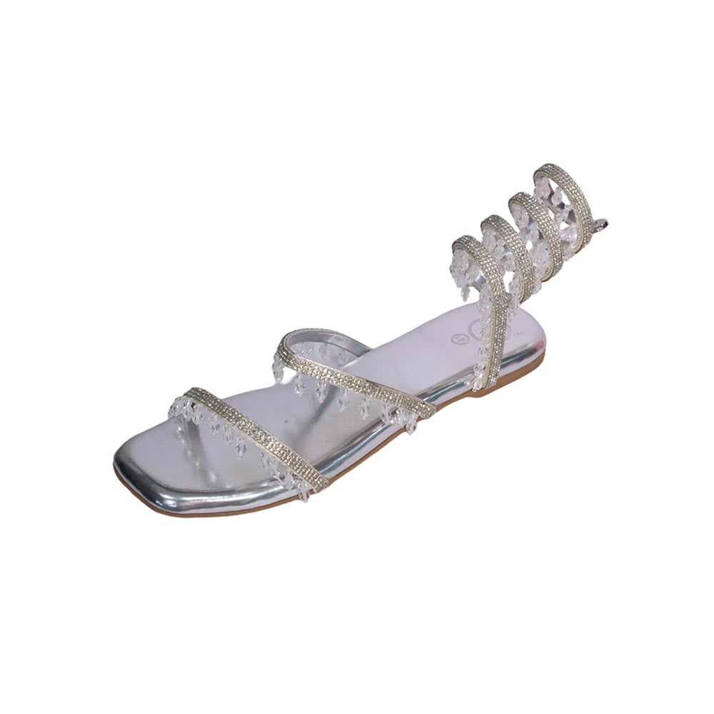Sana K Luxurious Footwear Silver Gladiators Lace-Ups Spring Flats