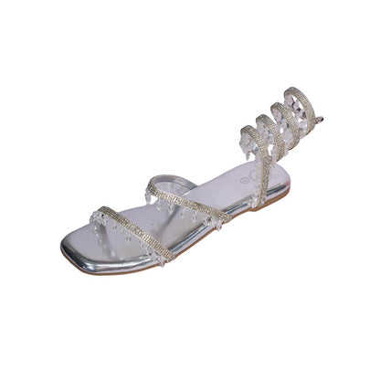 Sana K Luxurious Footwear Silver Gladiators Lace-Ups Spring Flats