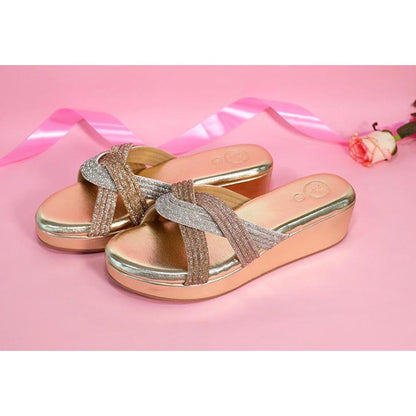 Sana K Luxurious Footwear Women Gold Round Toe Faux Trio Wedges Heels