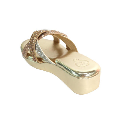 Sana K Luxurious Footwear Women Gold Round Toe Faux Trio Wedges Heels