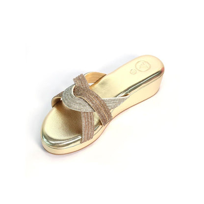 Sana K Luxurious Footwear Women Gold Round Toe Faux Trio Wedges Heels