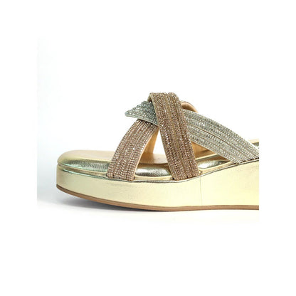Sana K Luxurious Footwear Women Gold Round Toe Faux Trio Wedges Heels
