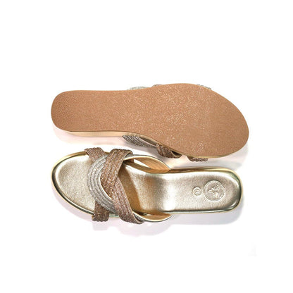 Sana K Luxurious Footwear Women Gold Round Toe Faux Trio Wedges Heels
