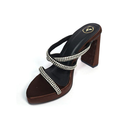 Sana K Luxurious Footwear Black Pointed Toe Slip On Mocha Star Heels