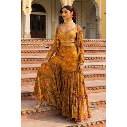 Sandhya Shah Mustard Meher Hand Embroidered Blouse with Jacket and Sharara (Set of 3)