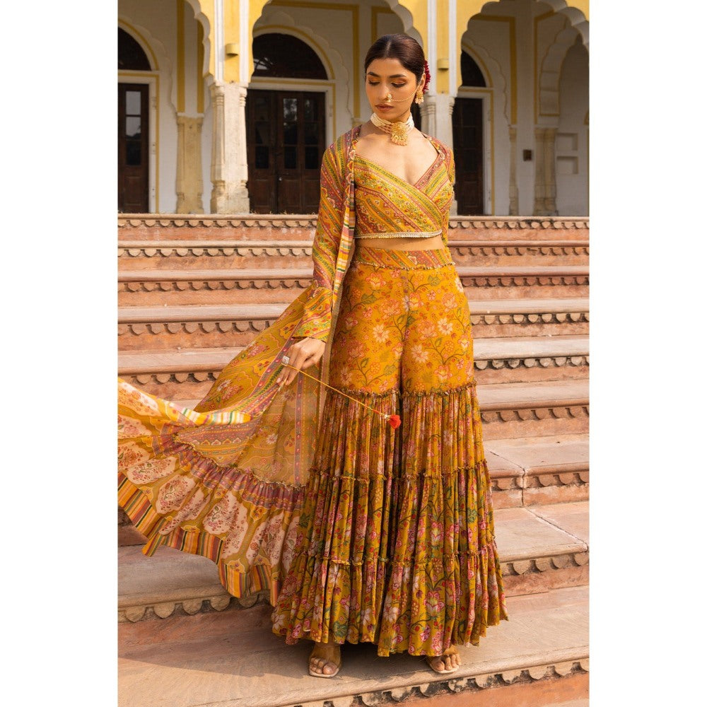 Sandhya Shah Mustard Meher Hand Embroidered Blouse with Jacket and Sharara (Set of 3)