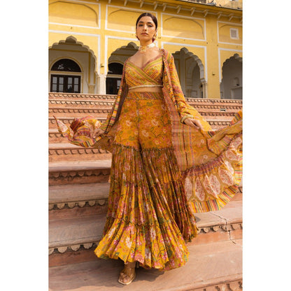 Sandhya Shah Mustard Meher Hand Embroidered Blouse with Jacket and Sharara (Set of 3)