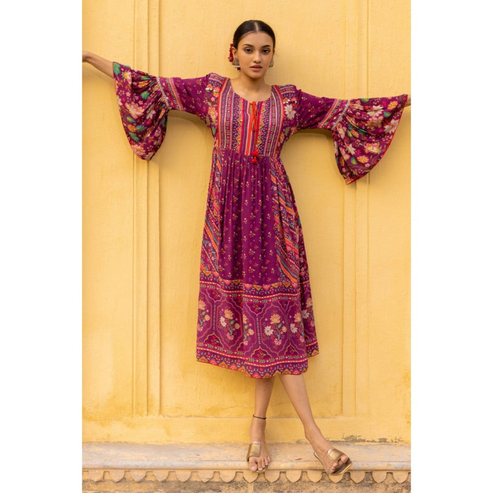 Sandhya Shah Wine Lia Bell Sleeve Midi Dress