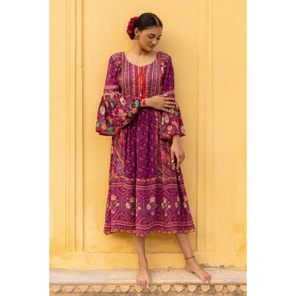 Sandhya Shah Wine Lia Bell Sleeve Midi Dress