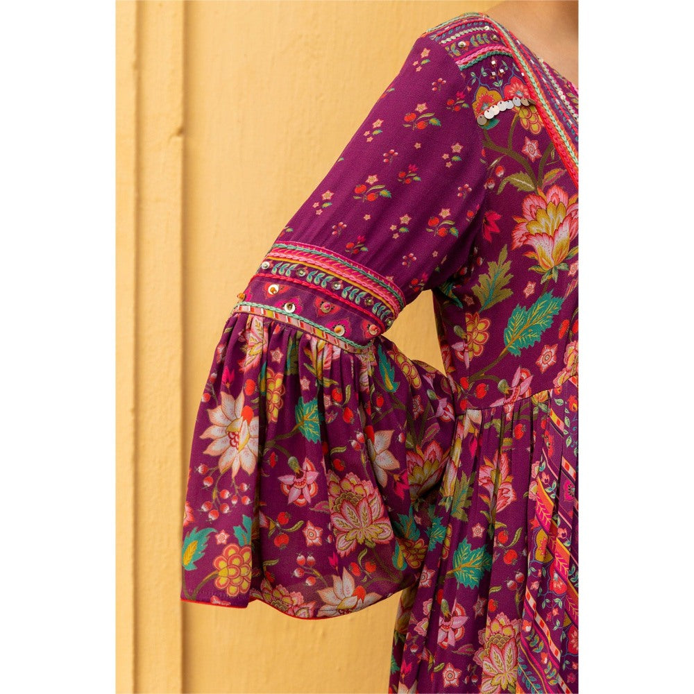 Sandhya Shah Wine Lia Bell Sleeve Midi Dress