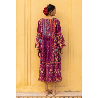 Sandhya Shah Wine Lia Bell Sleeve Midi Dress