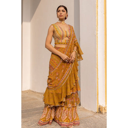 Sandhya Shah Mustard Damini Ruffle Pre-Draped Saree with Stitched Blouse
