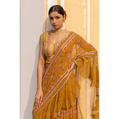 Sandhya Shah Mustard Damini Ruffle Pre-Draped Saree with Stitched Blouse