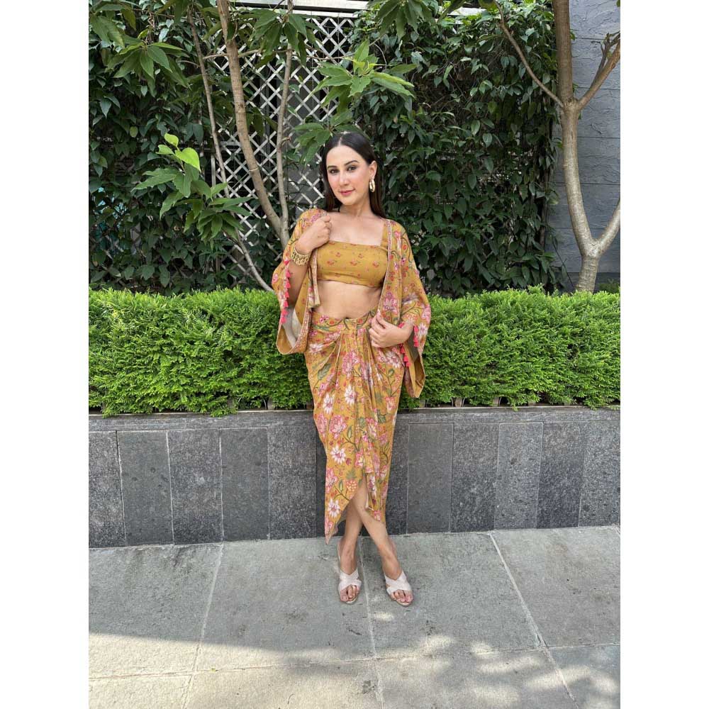 Sandhya Shah Mustard Anila Blouse with Skirt and Cape (Set of 3)