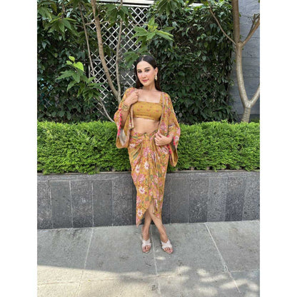 Sandhya Shah Mustard Anila Blouse with Skirt and Cape (Set of 3)