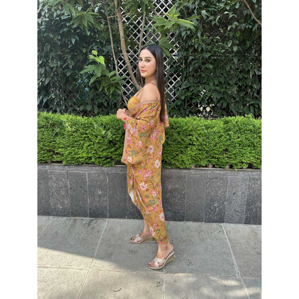 Sandhya Shah Mustard Anila Blouse with Skirt and Cape (Set of 3)