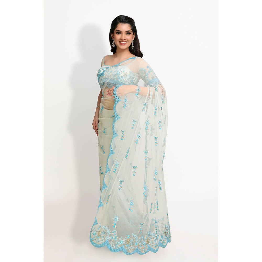 Sanjana Thakur Blue Embroidered Saree and Underskirt with Stitched Blouse
