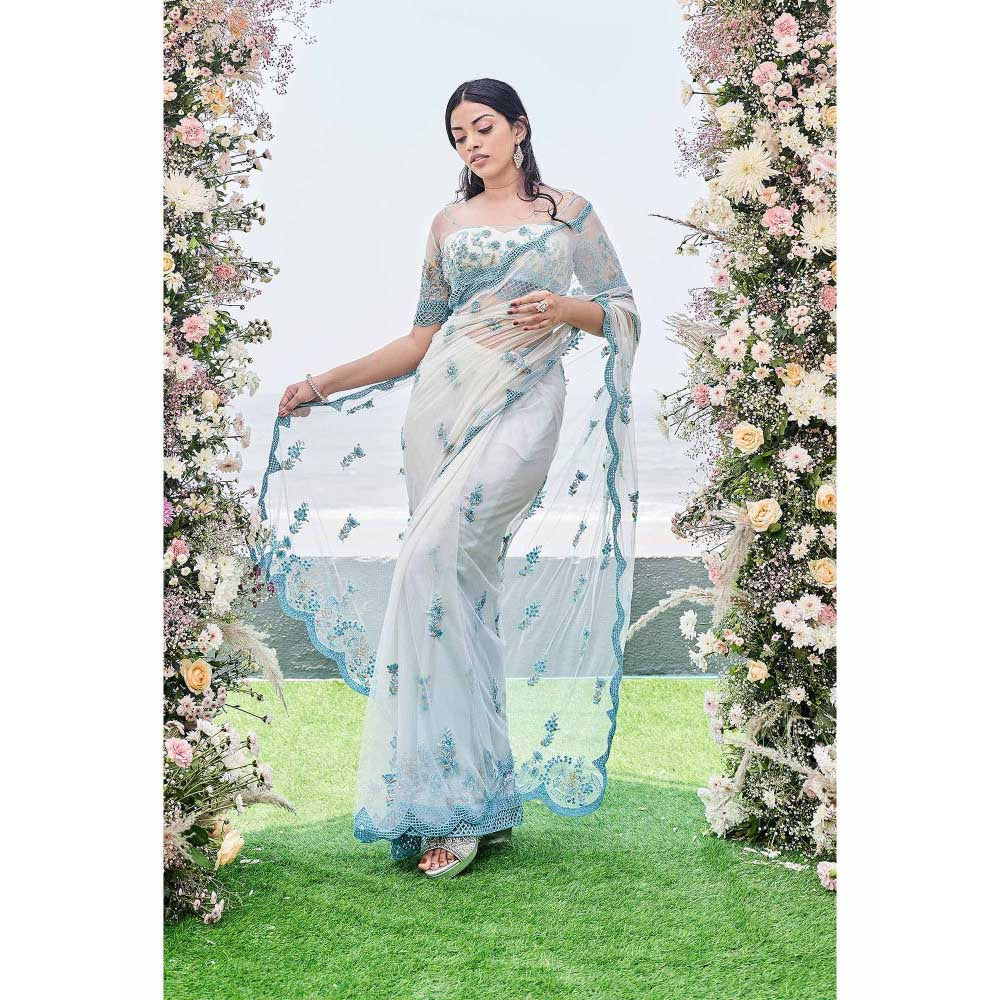 Sanjana Thakur Blue Embroidered Saree and Underskirt with Stitched Blouse