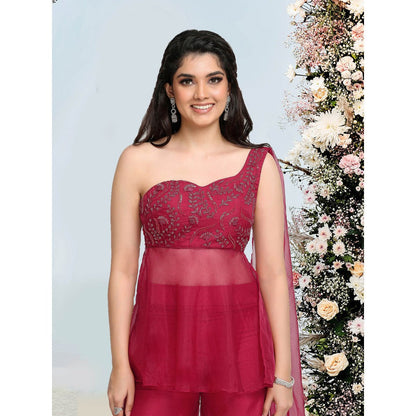 Sanjana Thakur Wine Attached Draped Tunic with Sharara (Set of 2)