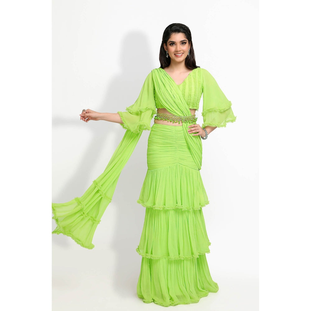 Sanjana Thakur Green Embroidered Pre Draped Saree and Belt with Stitched Blouse