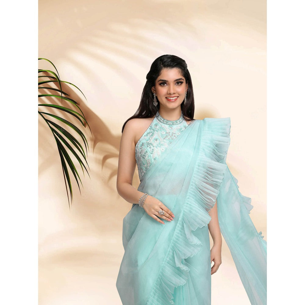 Sanjana Thakur Blue Embroidered Pre Draped Saree with Stitched Blouse