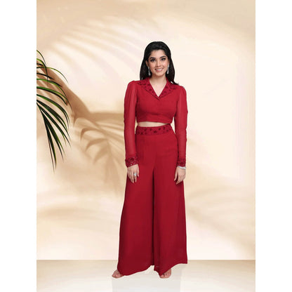 Sanjana Thakur Red Palazzo with Crop Top (Set of 2)