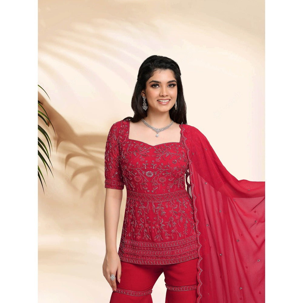 Sanjana Thakur Red Sharara with Short Kurta with Dupatta (Set of 3)