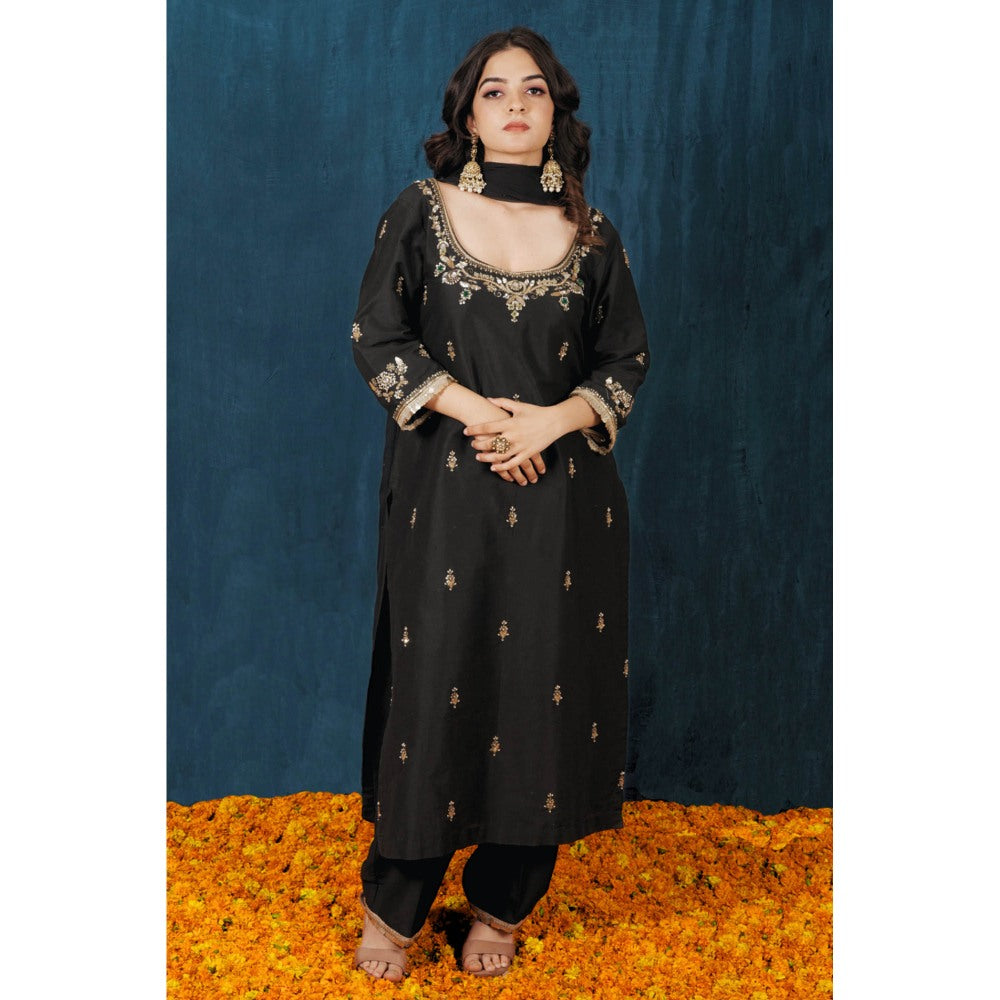 SAUBHAGYA Black Upada Silk Kurta with Pant and Dupatta (Set of 3)