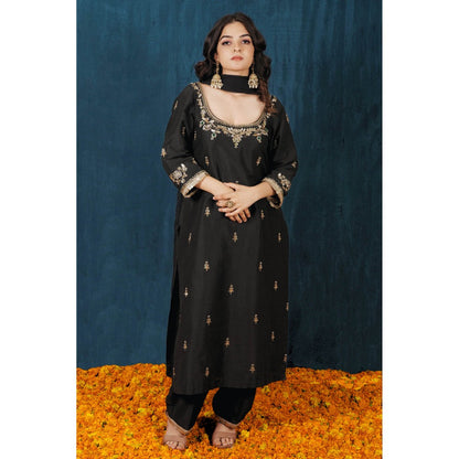 SAUBHAGYA Black Upada Silk Kurta with Pant and Dupatta (Set of 3)