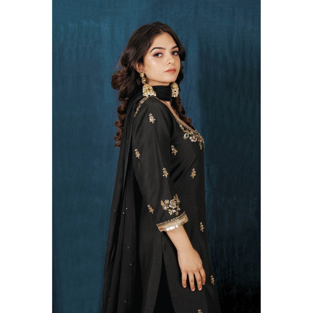 SAUBHAGYA Black Upada Silk Kurta with Pant and Dupatta (Set of 3)