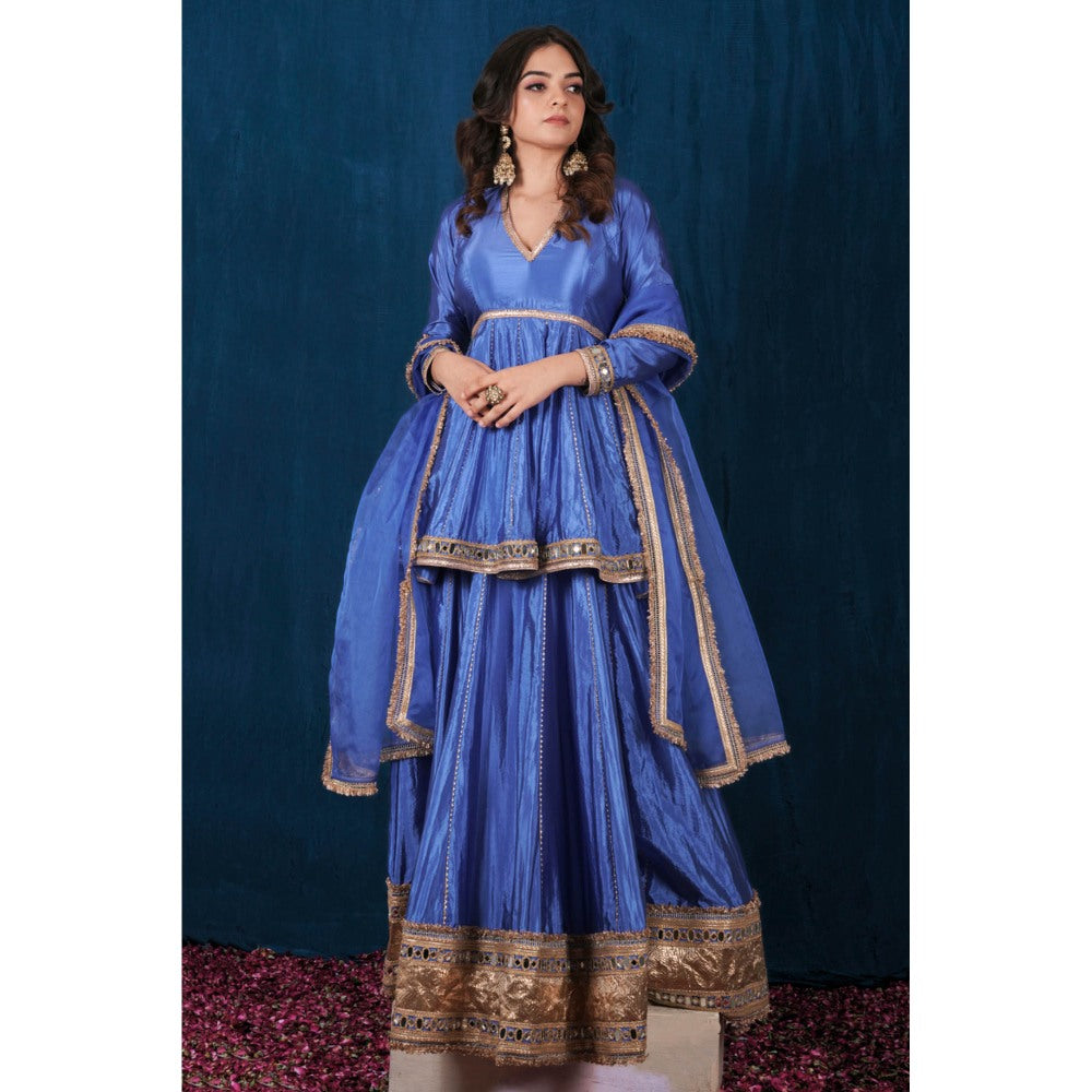 SAUBHAGYA Blue Silk Mirror Work Peplum Kurta and Lehenga with Dupatta (Set of 3)