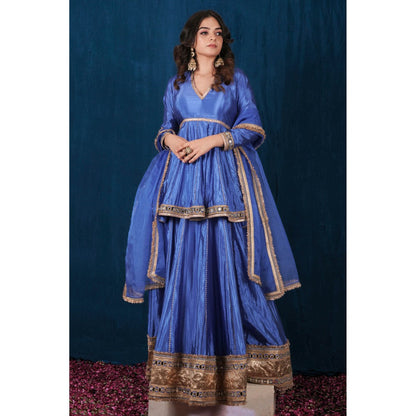 SAUBHAGYA Blue Silk Mirror Work Peplum Kurta and Lehenga with Dupatta (Set of 3)