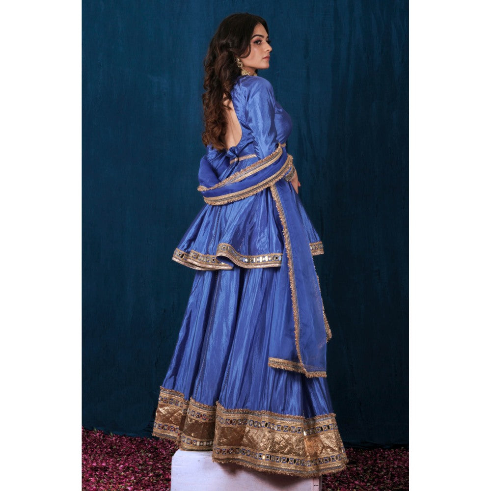 SAUBHAGYA Blue Silk Mirror Work Peplum Kurta and Lehenga with Dupatta (Set of 3)
