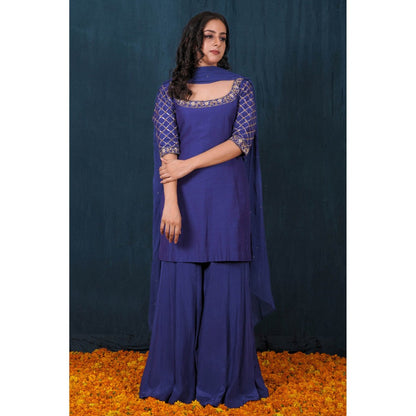 SAUBHAGYA Electric Blue Silk Kurta with Palazzo and Dupatta (Set of 3)
