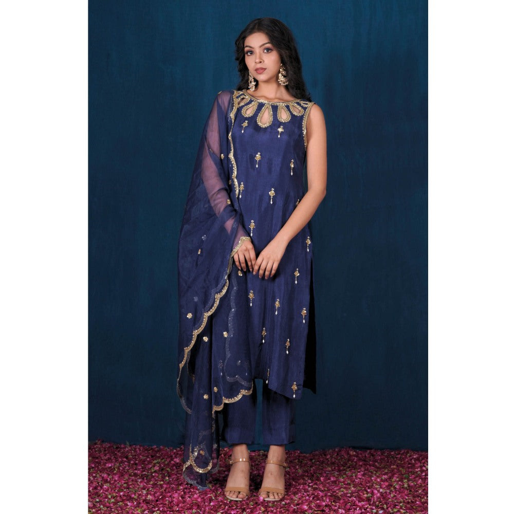 SAUBHAGYA Navy Blue Latkan Upada Silk Kurta with Pant and Dupatta (Set of 3)