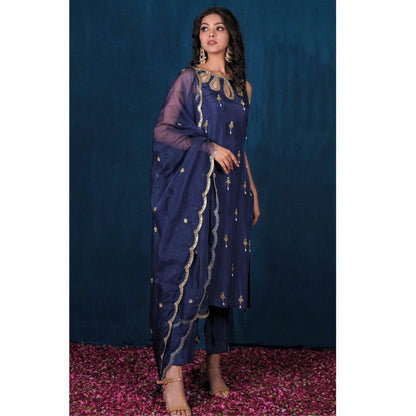SAUBHAGYA Navy Blue Latkan Upada Silk Kurta with Pant and Dupatta (Set of 3)